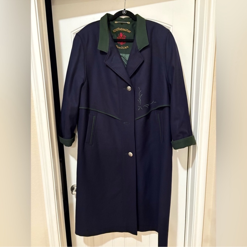 Vintage Austrian Wolfstaedter Trachten Wool Coat Navy & Green Full Length